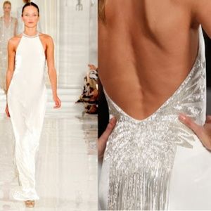 Ralph Lauren white velvet gown with beaded fringe